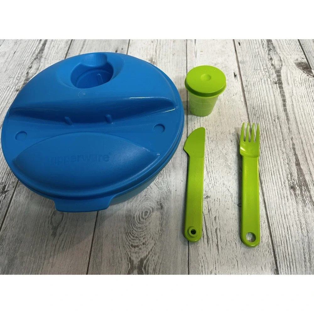 Blue Tupperware On The Go Lunch Salad Bowl Complete Set 1700 1.5L 6 1/3 Cups